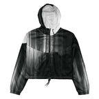 Black and gray hooded jacket with gradient effect on a white background