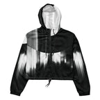 Black and white striped jacket with a hood on a white background