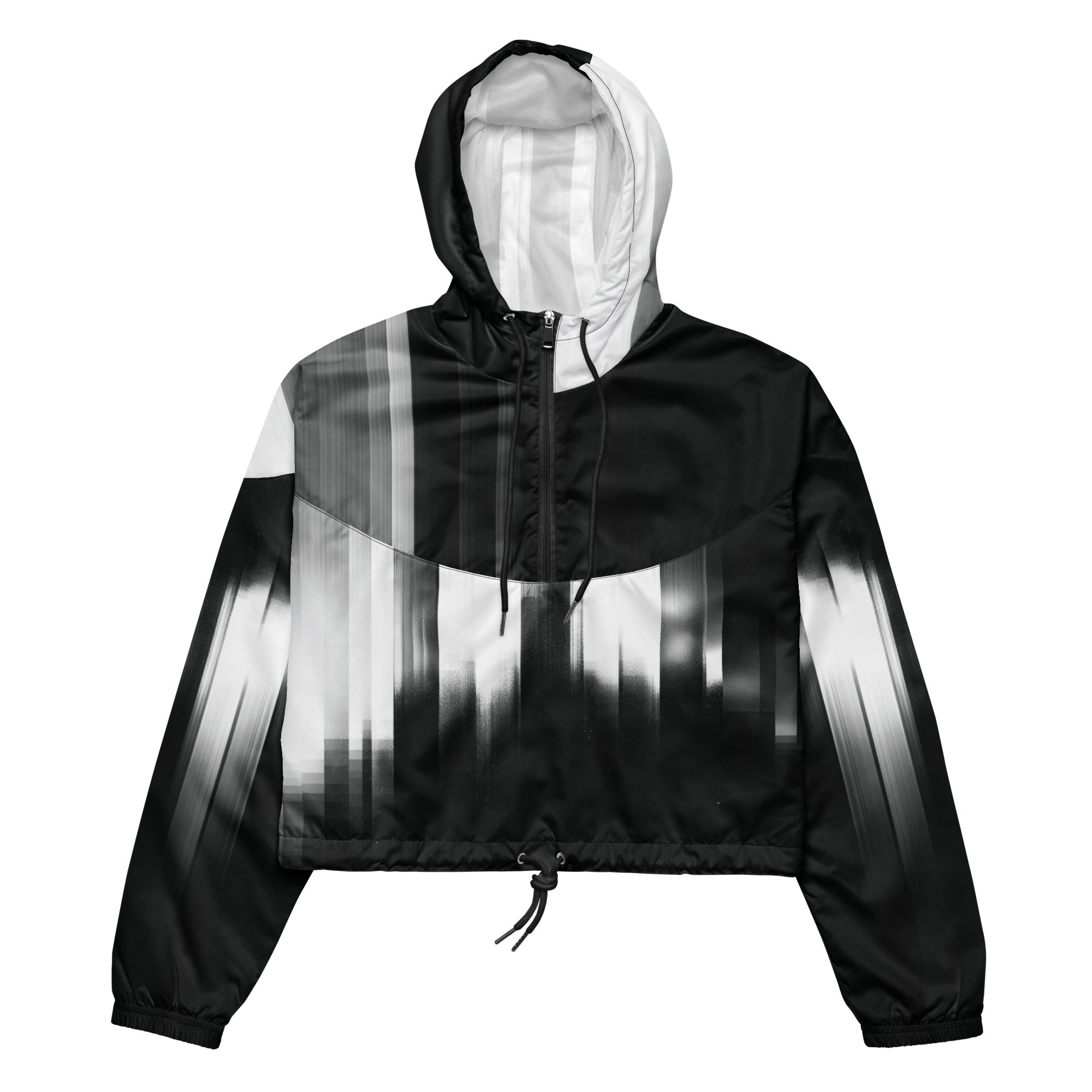 Black and white striped jacket with a hood on a white background
