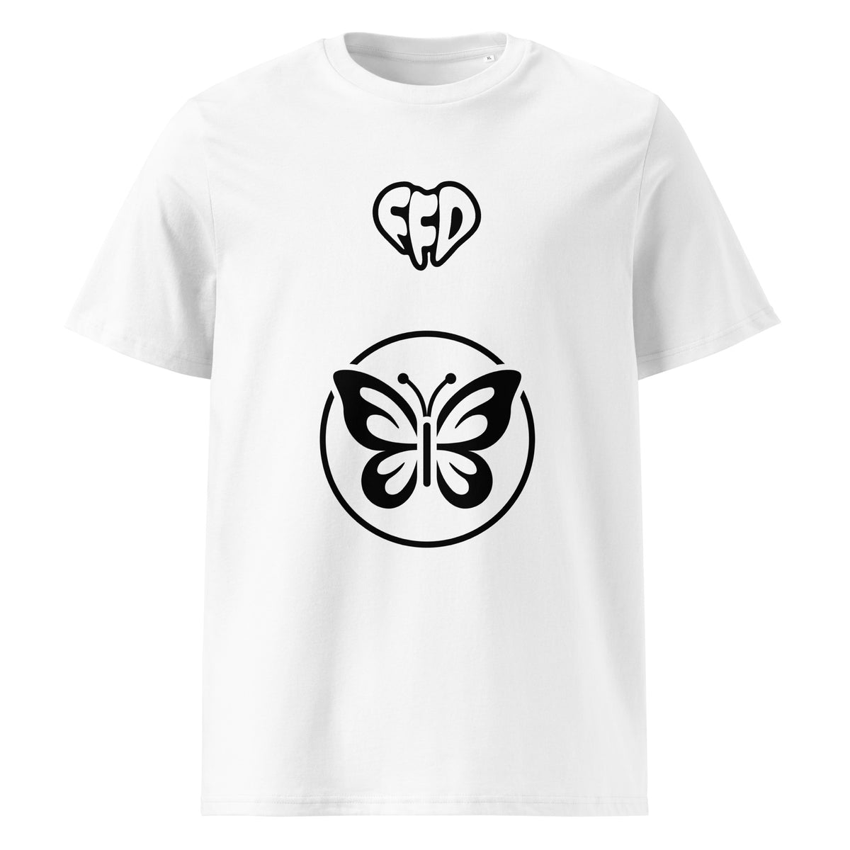 A white short-sleeve crewneck t-shirt featuring a black graphic print. The top of the chest displays a stylized heart-shaped logo with the letters 'FFD', while the center of the shirt features a large black butterfly enclosed in a circle.