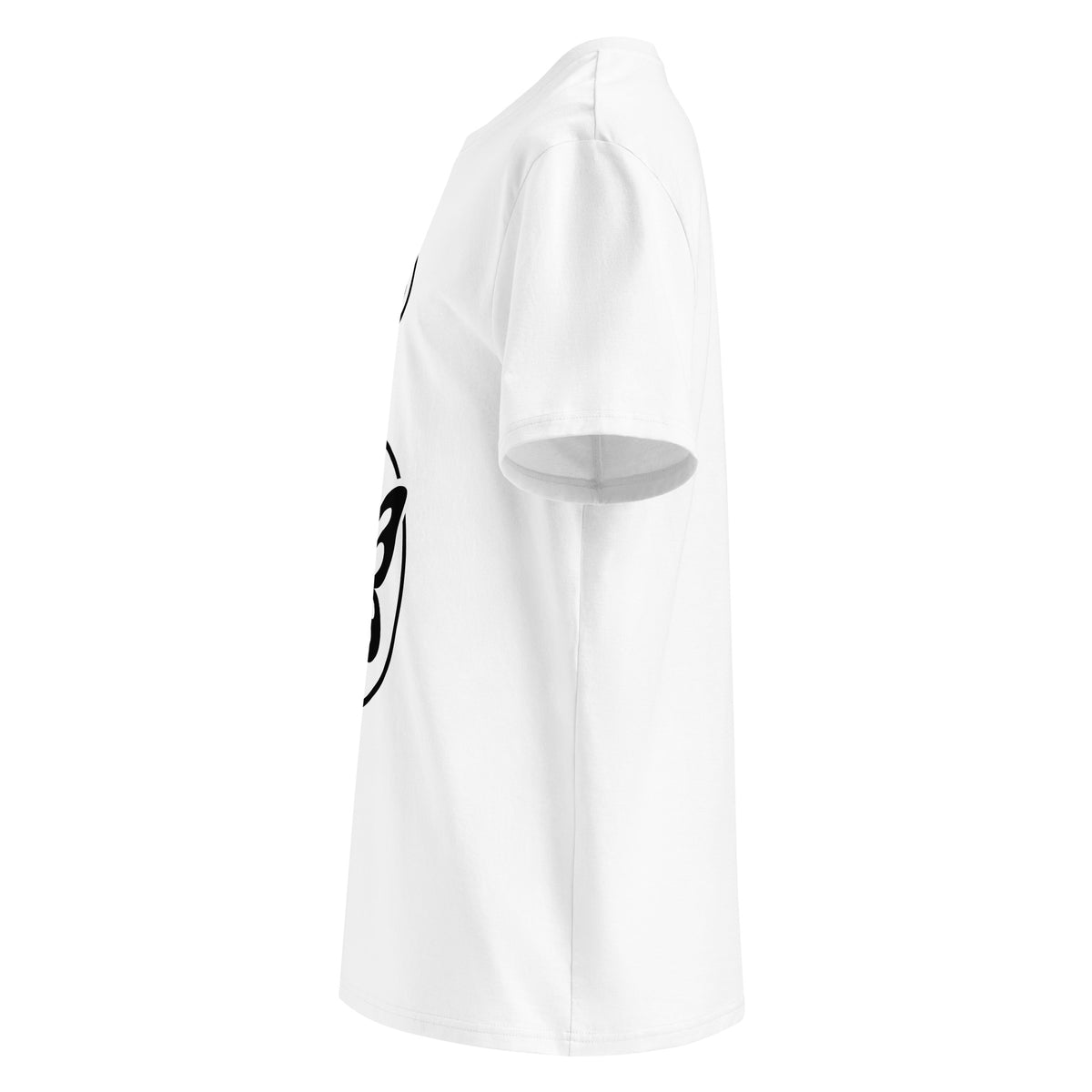A white short-sleeve t-shirt shown from a side profile view, featuring a black graphic print on the front.