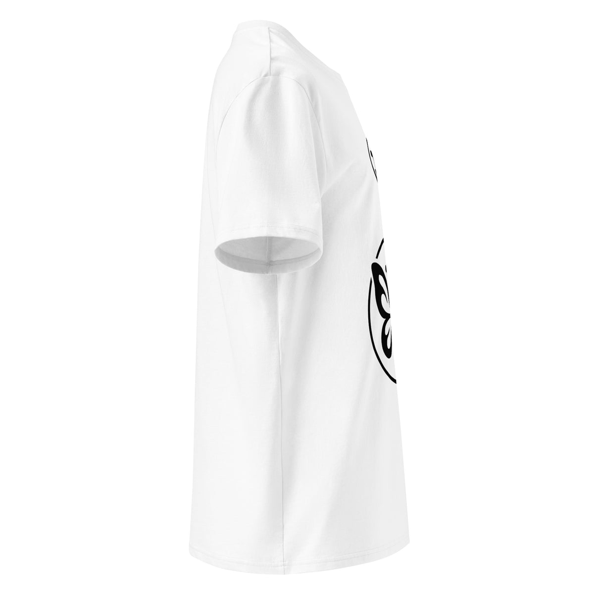 White t-shirt with a logo on the chest against a white background