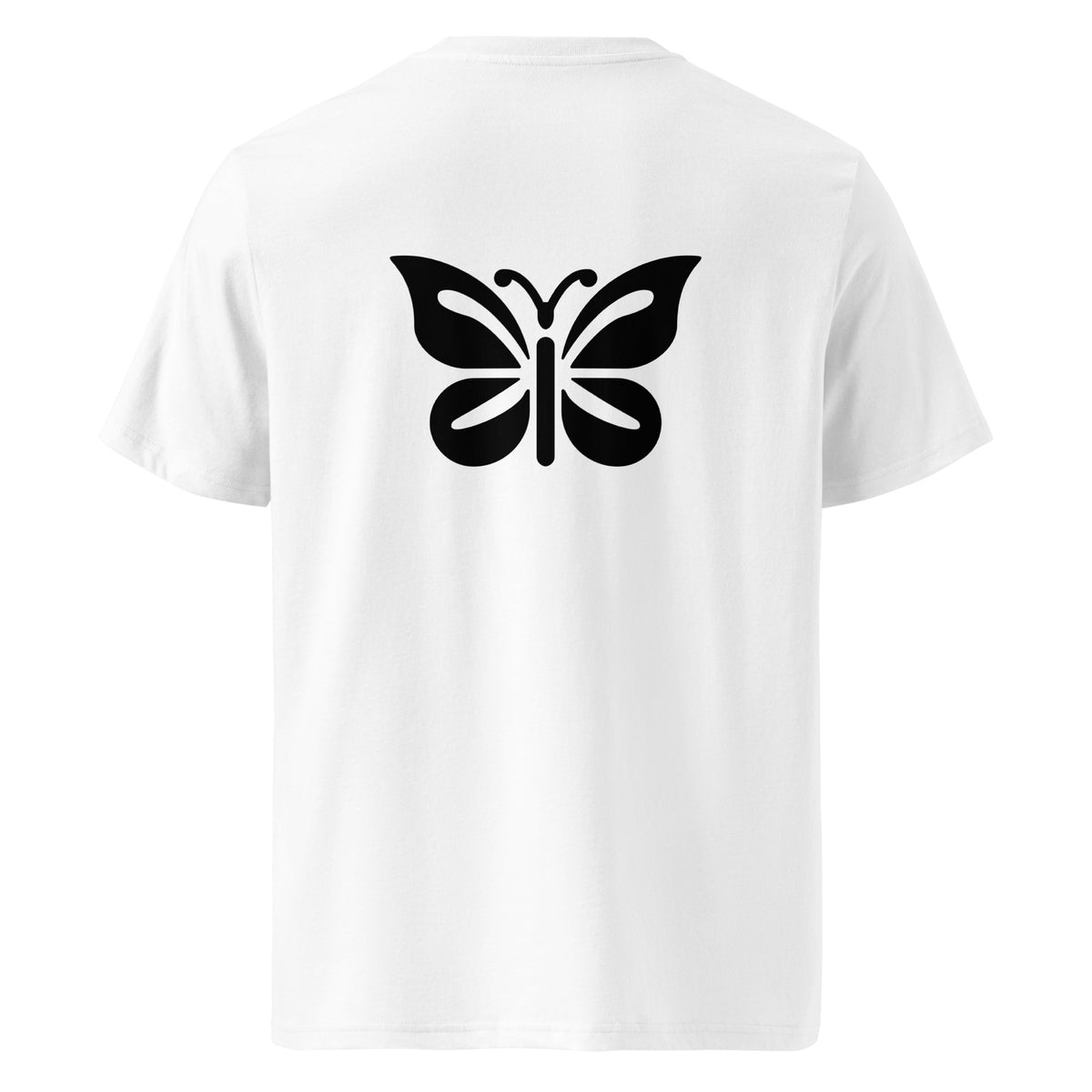 A white short-sleeve t-shirt shown from the back, featuring a butterfly graphic.