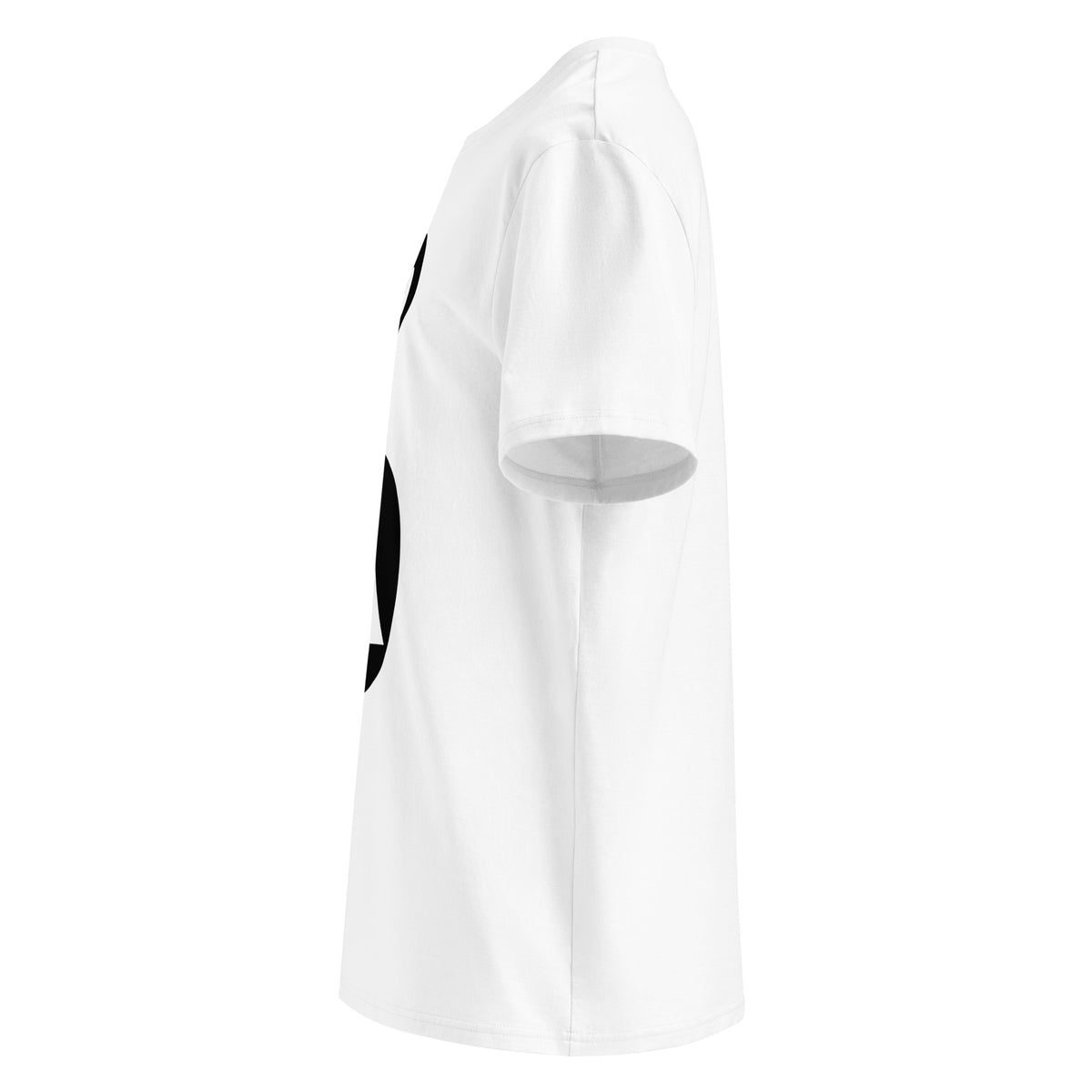 A white short-sleeve crewneck t-shirt shown from a side profile view, featuring a black graphic print on the front.