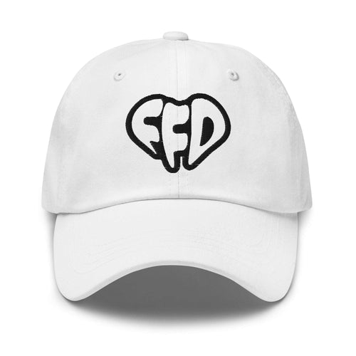 A white baseball cap with a black embroidered 'FFD' logo on the front, displayed against a clean white background.