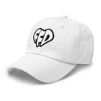 White baseball cap with black FFD logo on a white background