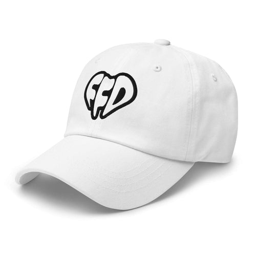 White baseball cap with black FFD logo on a white background