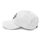 White baseball cap with a small FFD logo on a white background