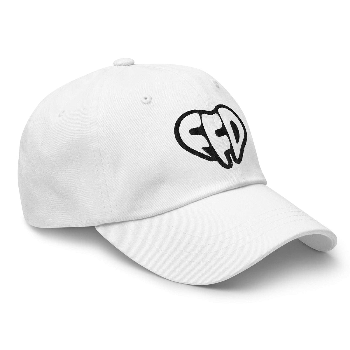 White cap with black FFD logo on a white background