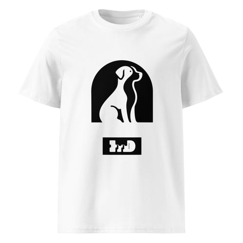 White Form Finding Design Paw Print tee: black arch print with a seated dog and the FFD monogram badge below.