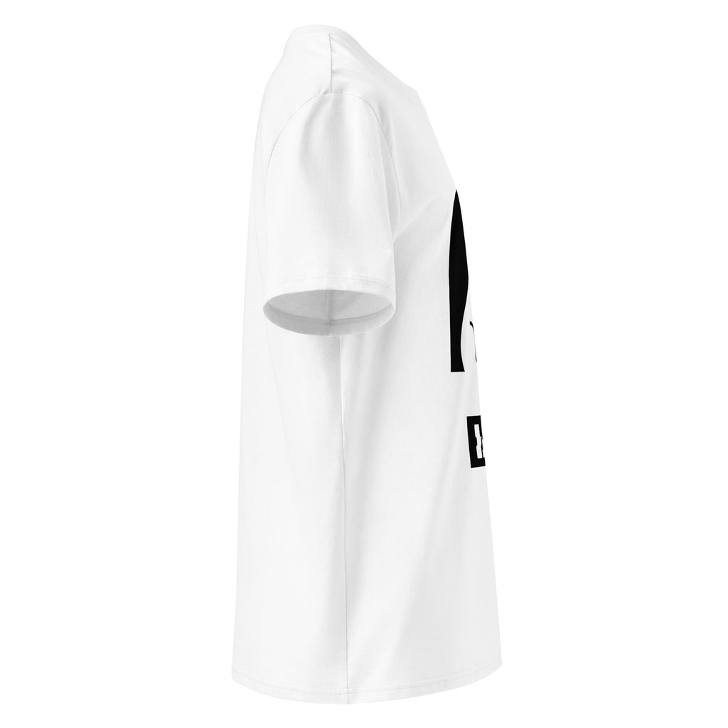 A white short-sleeve crewneck t-shirt shown from the left side, featuring black arch print with a seated dog and the FFD monogram badge below.