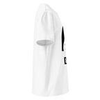 A white short-sleeve crewneck t-shirt shown from the left side, featuring black arch print with a seated dog and the FFD monogram badge below.