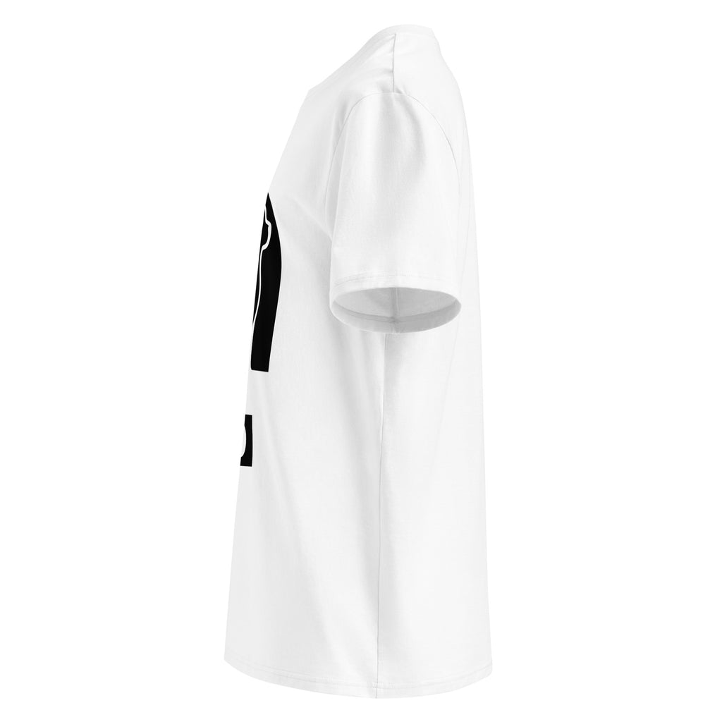 A white short-sleeve crewneck t-shirt shown from the right side, featuring black arch print with a seated dog and the FFD monogram badge below.