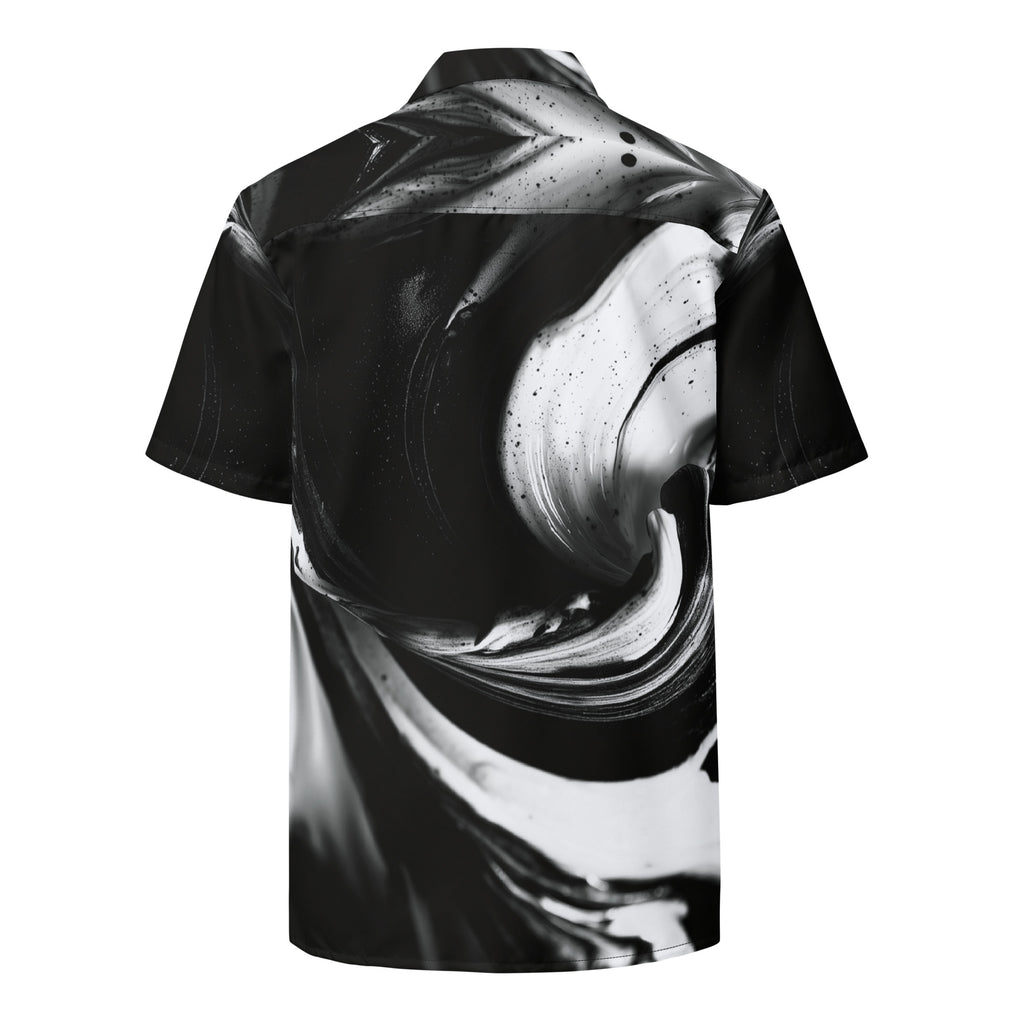 Back view of black and white swirl-print button shirt — Form Finding Design