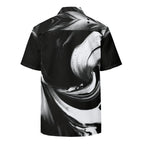 Back view of black and white swirl-print button shirt — Form Finding Design