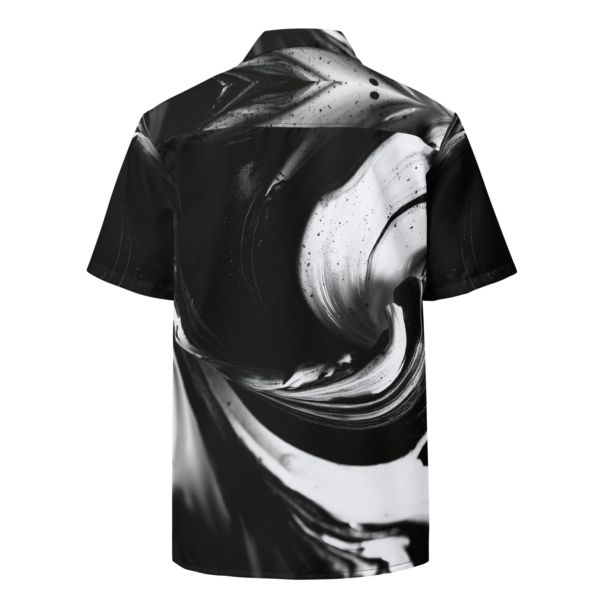Back view of black and white swirl-print button shirt — Form Finding Design