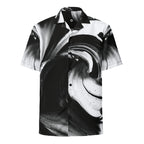 Black and white swirl-print short-sleeve button shirt, front view — HER Riptide Sea Shirt by Form Finding Design