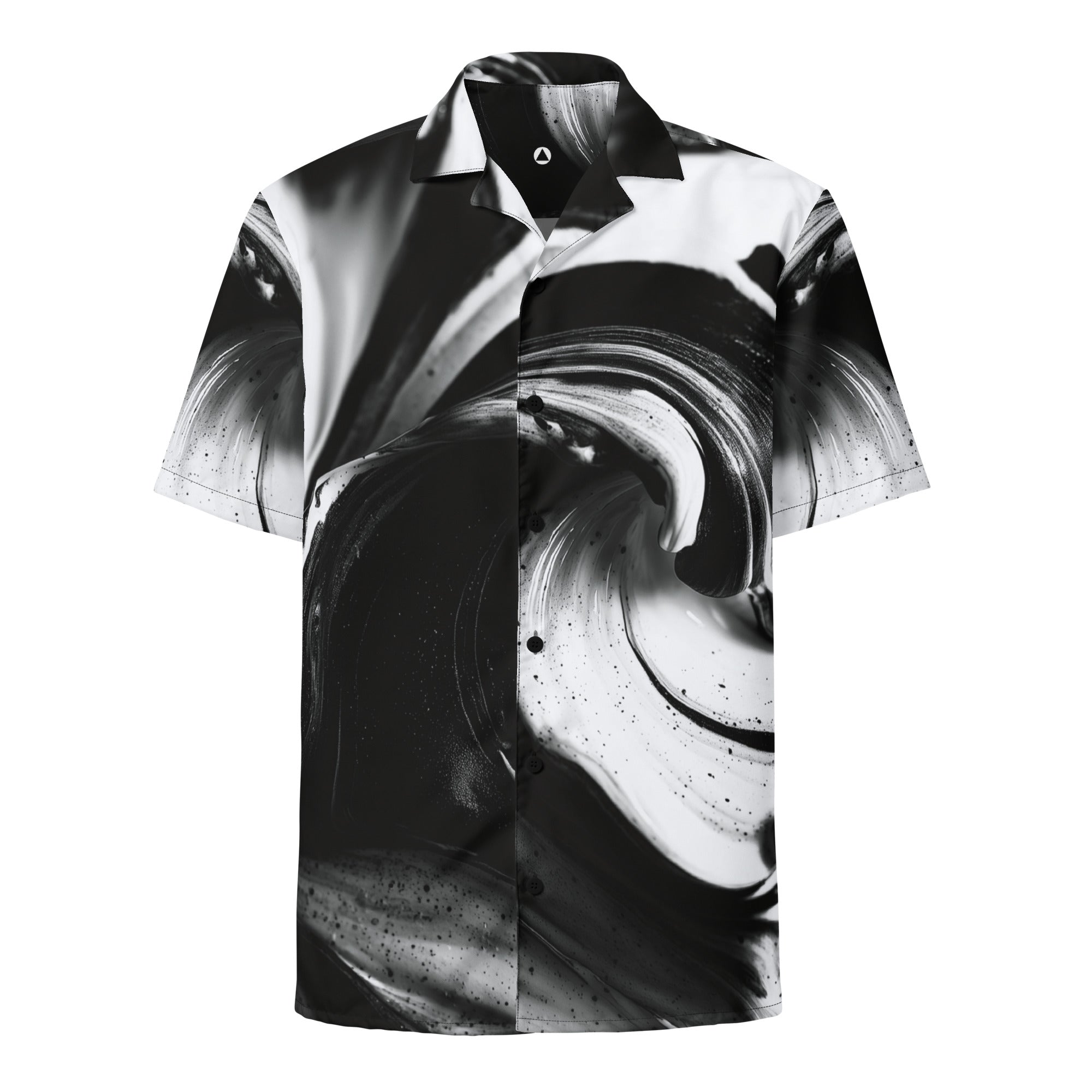 Black and white swirl-print short-sleeve button shirt, front view — HER Riptide Sea Shirt by Form Finding Design