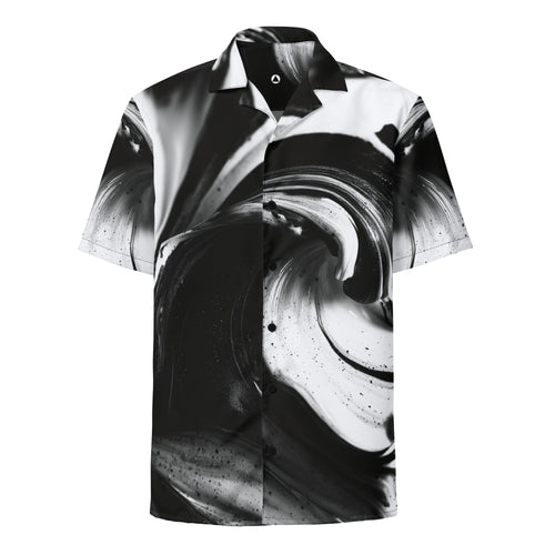 Black and white swirl-print short-sleeve button shirt, front view — HER Riptide Sea Shirt by Form Finding Design