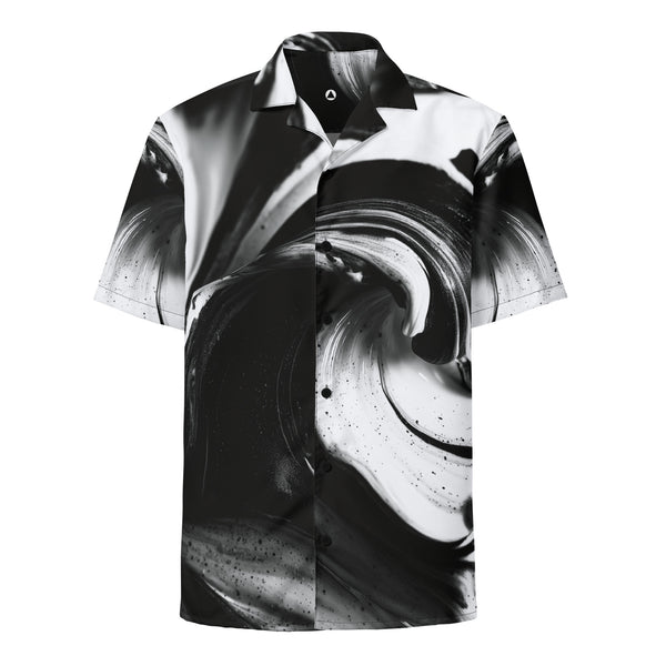 Black and white swirl-print short-sleeve button shirt, front view — HER Riptide Sea Shirt by Form Finding Design