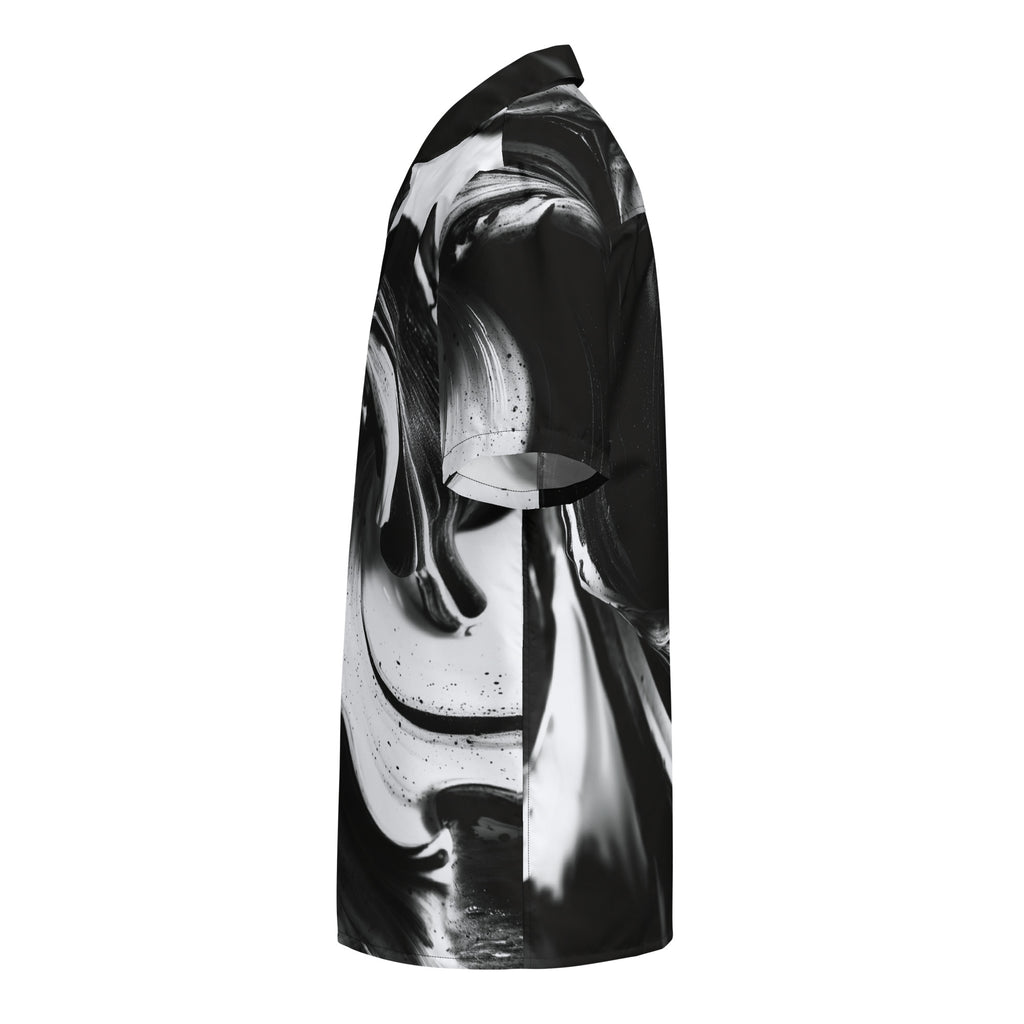 left side view of oversized black and white swirl-print button shirt — Form Finding Design