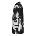 left side view of oversized black and white swirl-print button shirt — Form Finding Design