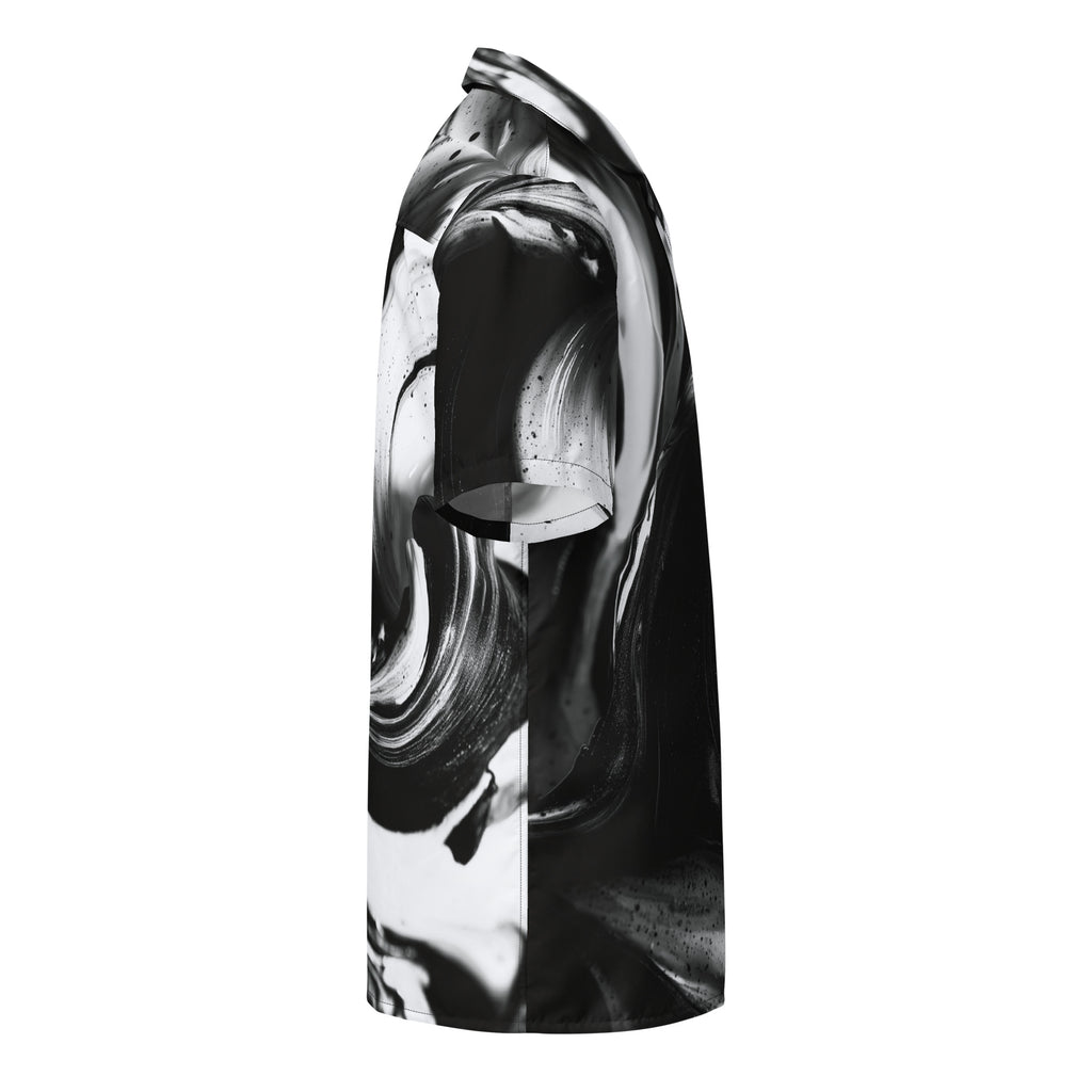 right side view of oversized black and white swirl-print button shirt — Form Finding Design