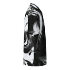 right side view of oversized black and white swirl-print button shirt — Form Finding Design