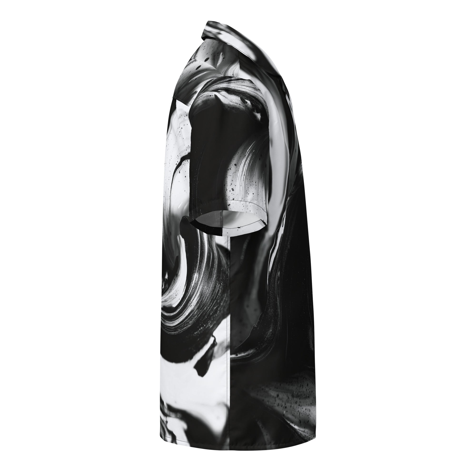 right side view of oversized black and white swirl-print button shirt — Form Finding Design