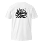 white women's t-shirt with black Form Finding Design script logo printed across the back, back view