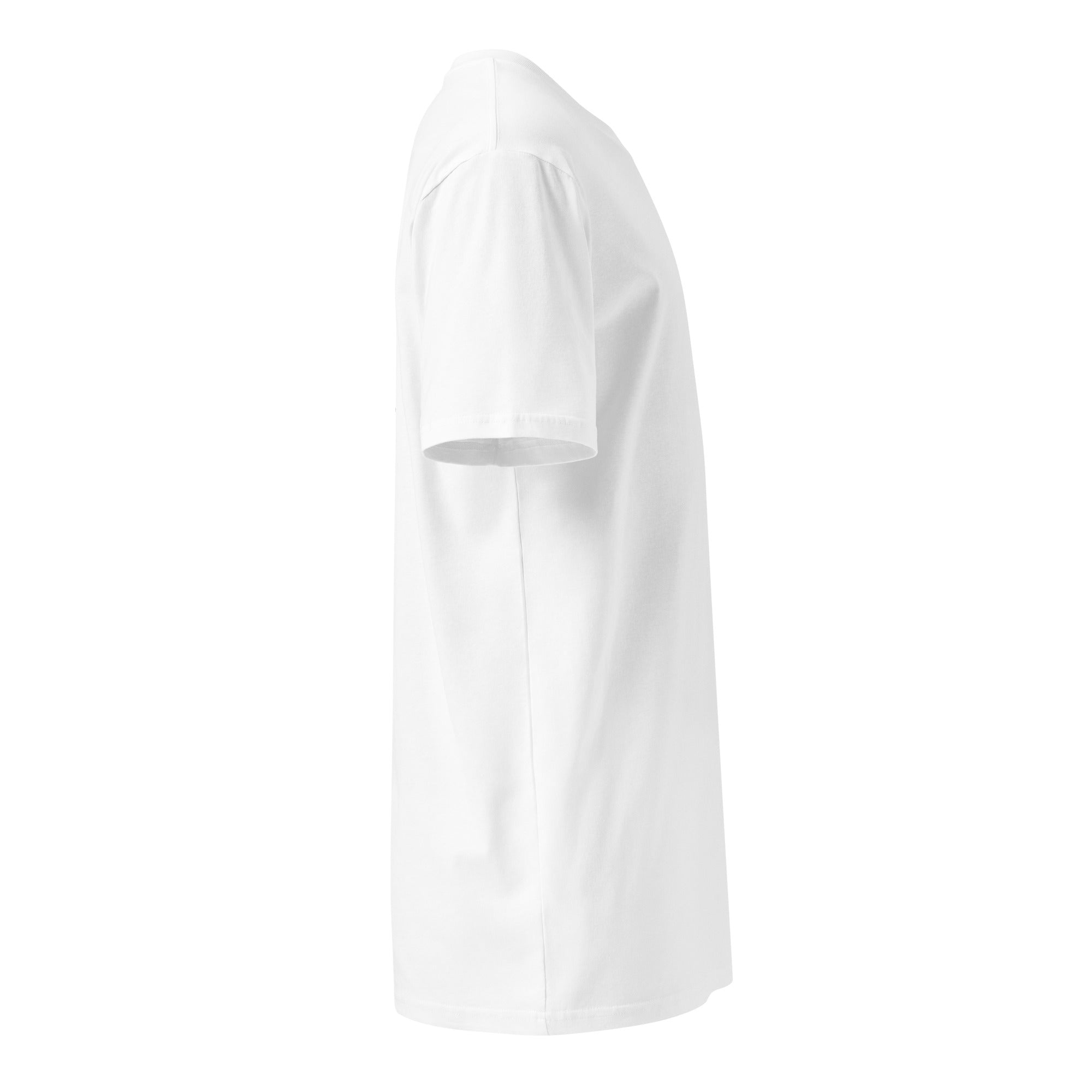 Left side view of a women's white t-shirt by Form Finding Design, showing the side-seamed profile