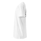 Right side view of a white women's t-shirt by Form Finding Design, showing the side-seamed profile