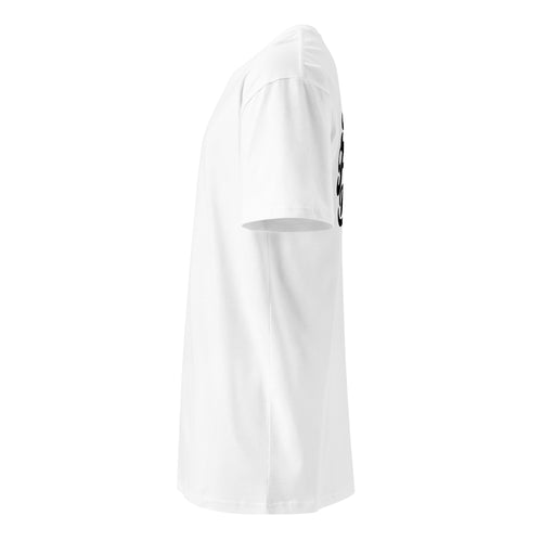 Right side view of a white women's t-shirt by Form Finding Design, showing the side-seamed profile