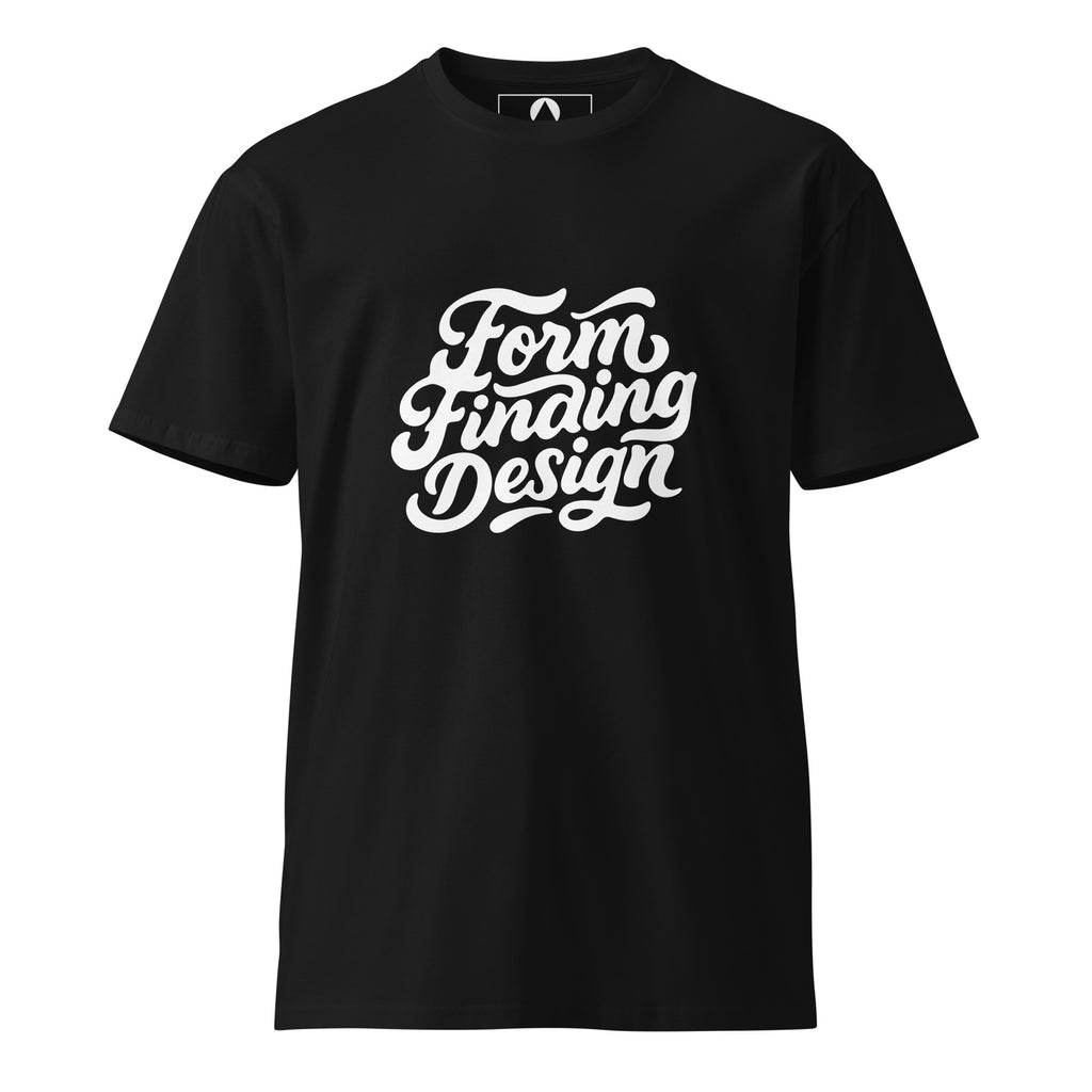 Black women's t-shirt with white Form Finding Design script logo printed across the chest, front view
