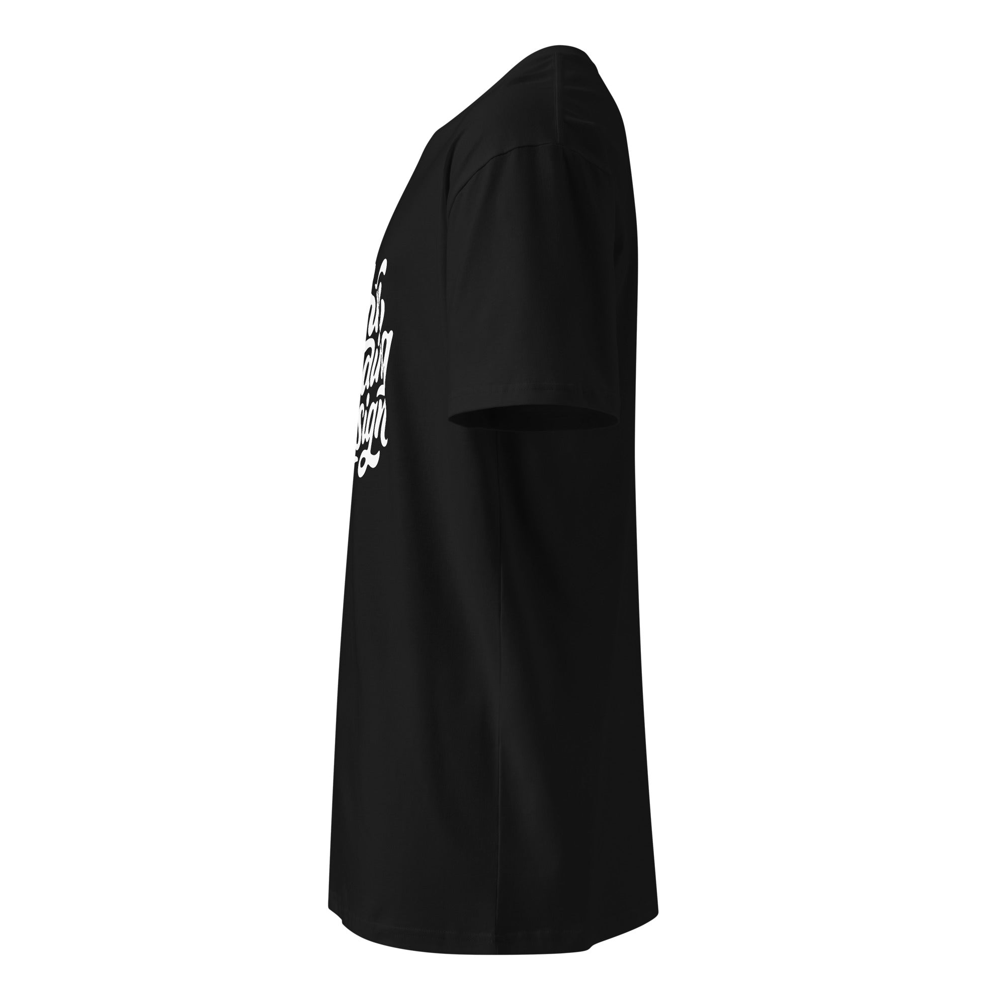 Right side view of a black women's t-shirt by Form Finding Design, showing the side-seamed profile