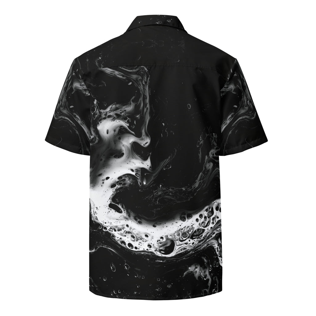 Back view of the black and white fluid-print short-sleeve button shirt — Form Finding Design