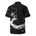 Back view of the black and white fluid-print short-sleeve button shirt — Form Finding Design