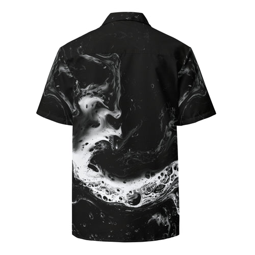 Back view of the black and white fluid-print short-sleeve button shirt — Form Finding Design
