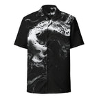 Black and white fluid-print short-sleeve button shirt, front view — HER Undertow Sea Shirt by Form Finding Design