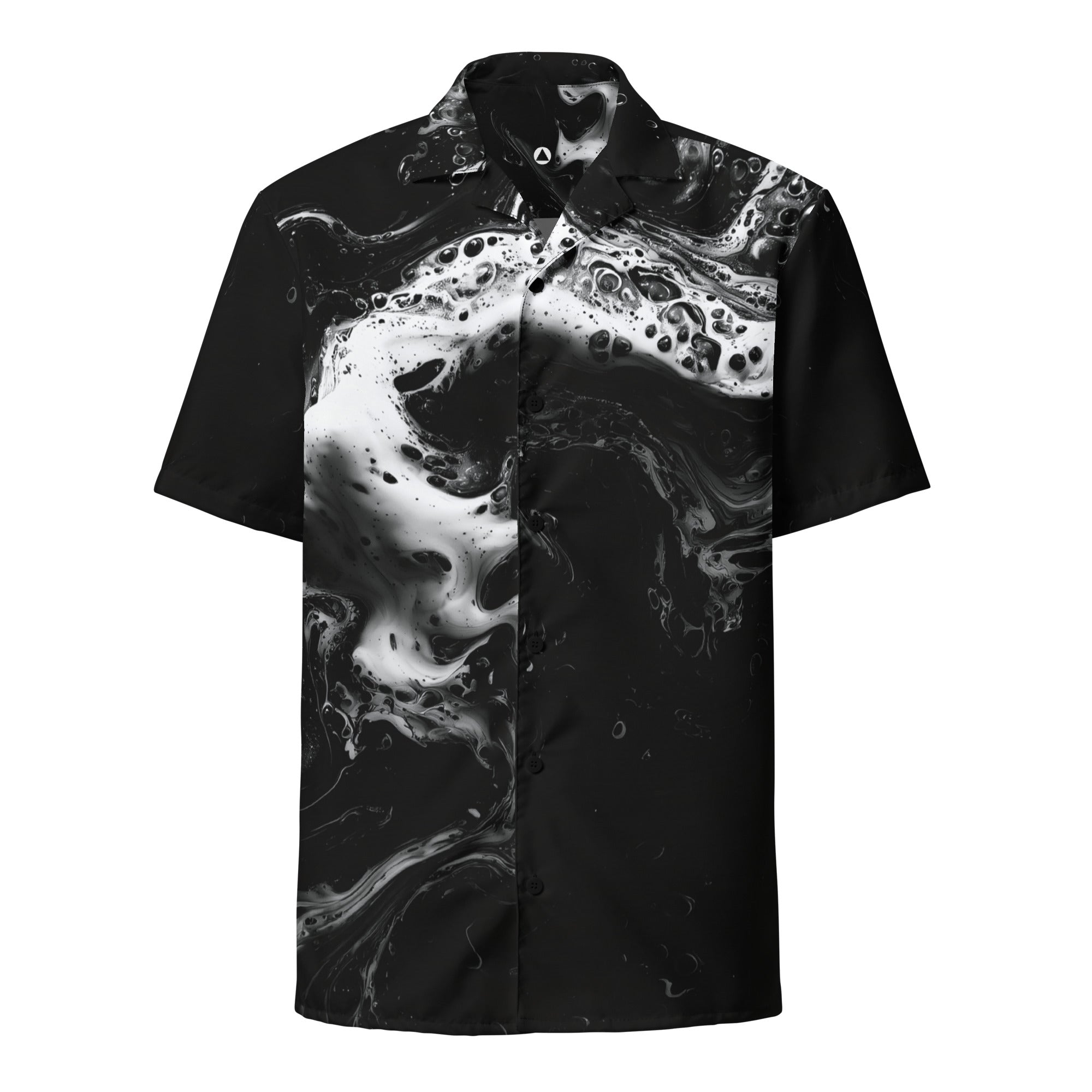 Black and white fluid-print short-sleeve button shirt, front view — HER Undertow Sea Shirt by Form Finding Design