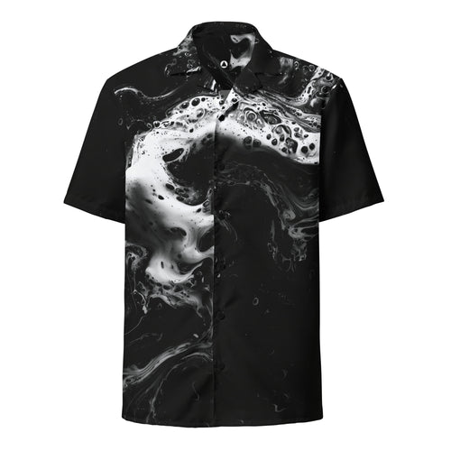 Black and white fluid-print short-sleeve button shirt, front view — HER Undertow Sea Shirt by Form Finding Design