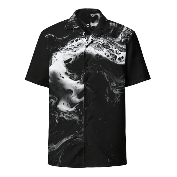 Black and white fluid-print short-sleeve button shirt, front view — HER Undertow Sea Shirt by Form Finding Design
