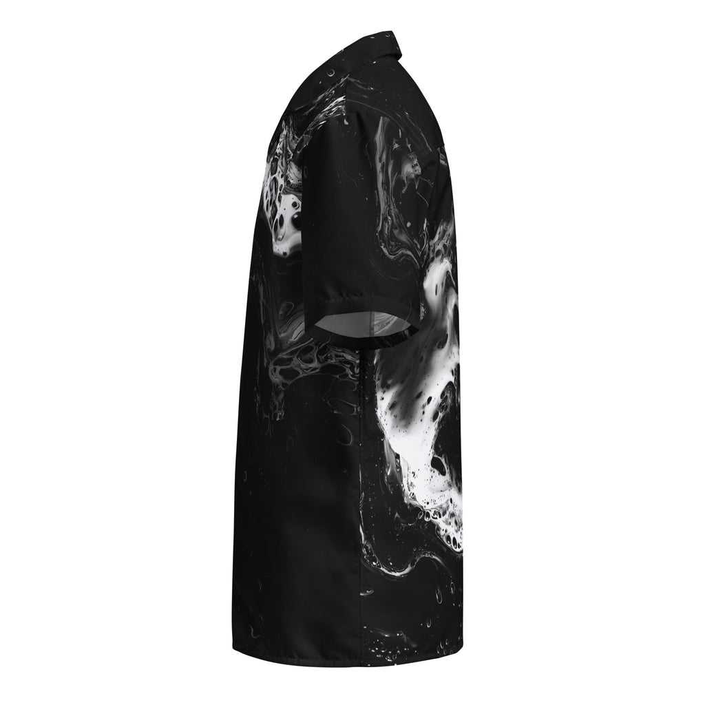 left side view of oversized black and white fluid-print button shirt — Form Finding Design