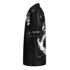 left side view of oversized black and white fluid-print button shirt — Form Finding Design