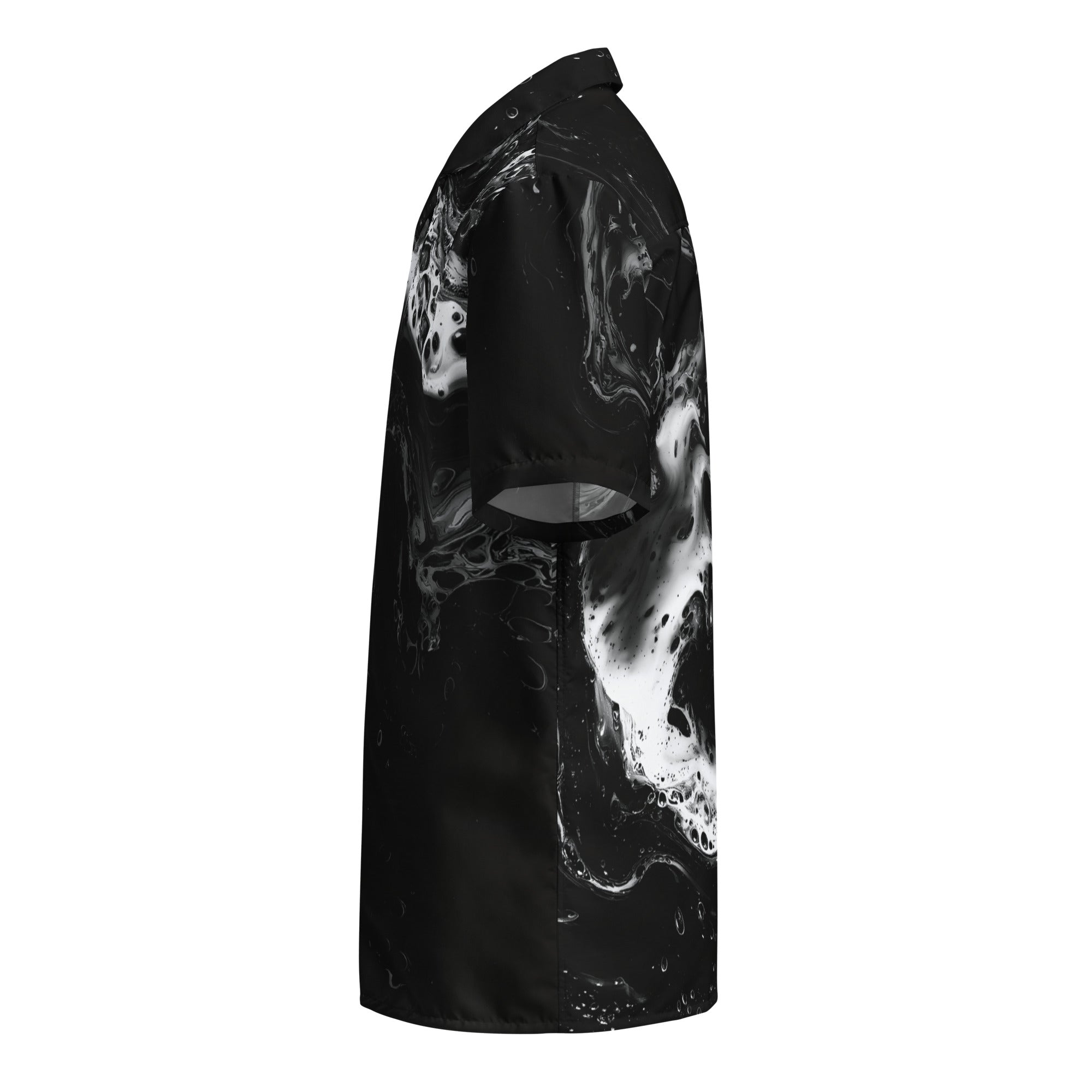left side view of oversized black and white fluid-print button shirt — Form Finding Design