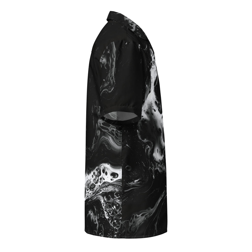 right side view of black and white fluid-print button shirt showing sleeve and print flow — Form Finding Design
