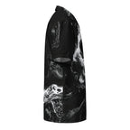 right side view of black and white fluid-print button shirt showing sleeve and print flow — Form Finding Design