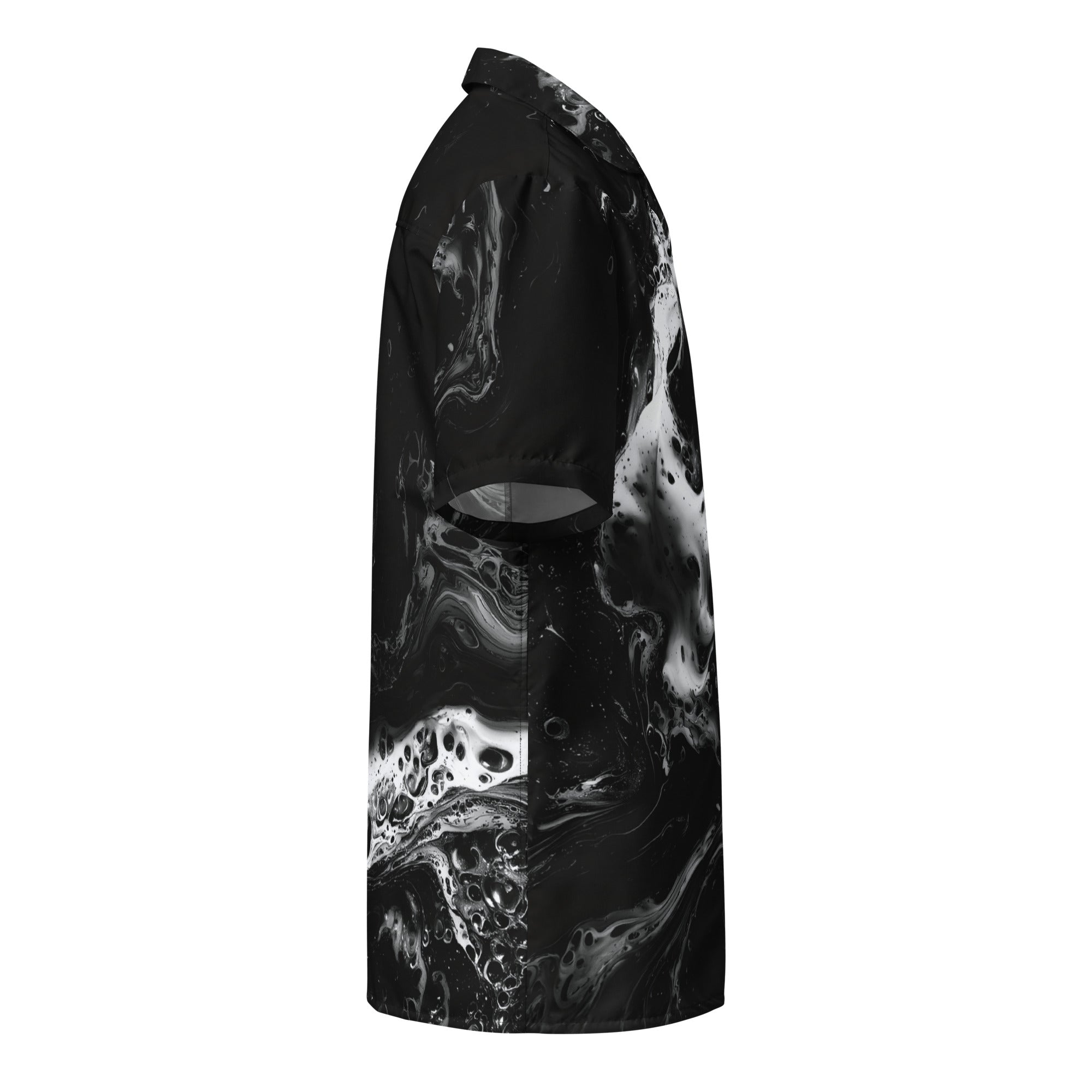 right side view of black and white fluid-print button shirt showing sleeve and print flow — Form Finding Design