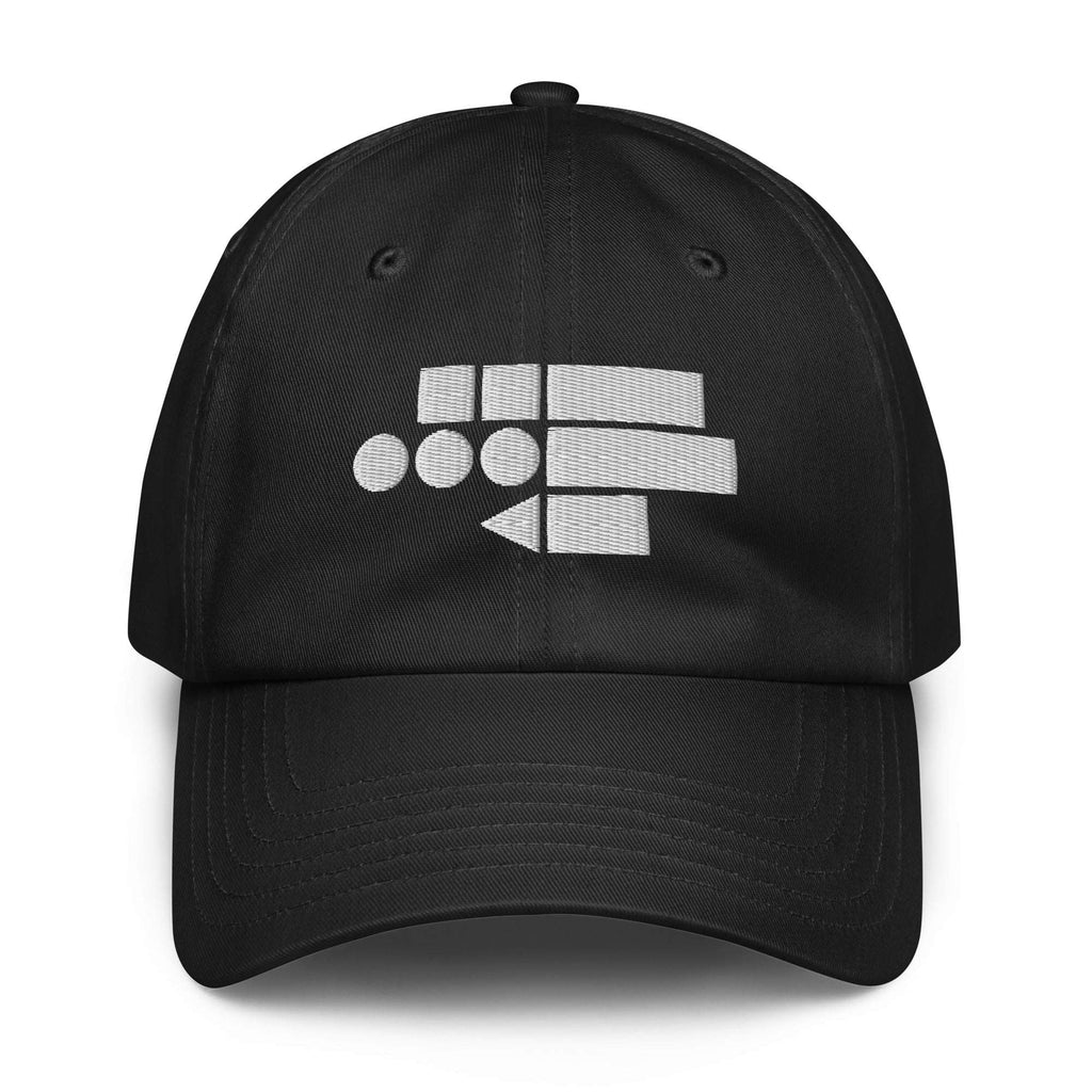 Black six-panel dad cap, front view, white FFD Cipher mark centred on the crown — Form Finding Design