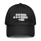 Black six-panel dad cap, front view, white FFD Cipher mark centred on the crown — Form Finding Design